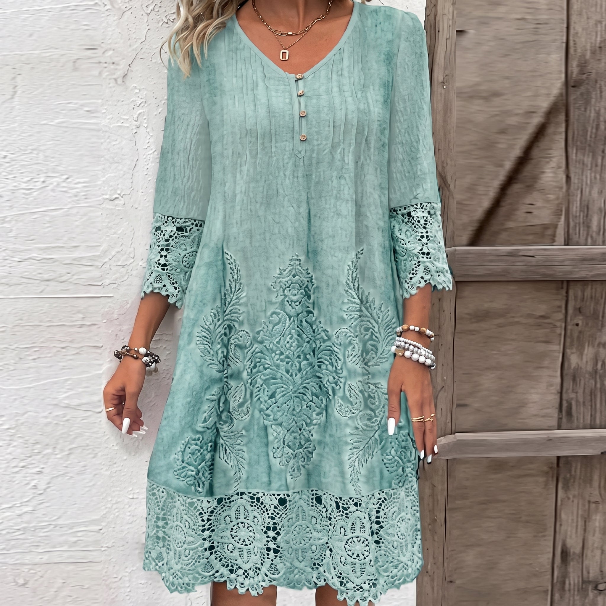 Isla | Women's Bohemian Floral Lace-Trim 3/4 Sleeve Tunic Dress