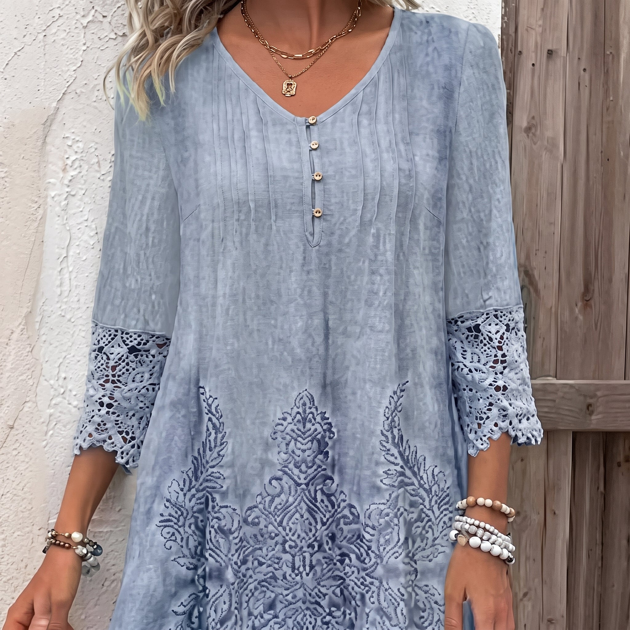 Isla | Women's Bohemian Floral Lace-Trim 3/4 Sleeve Tunic Dress