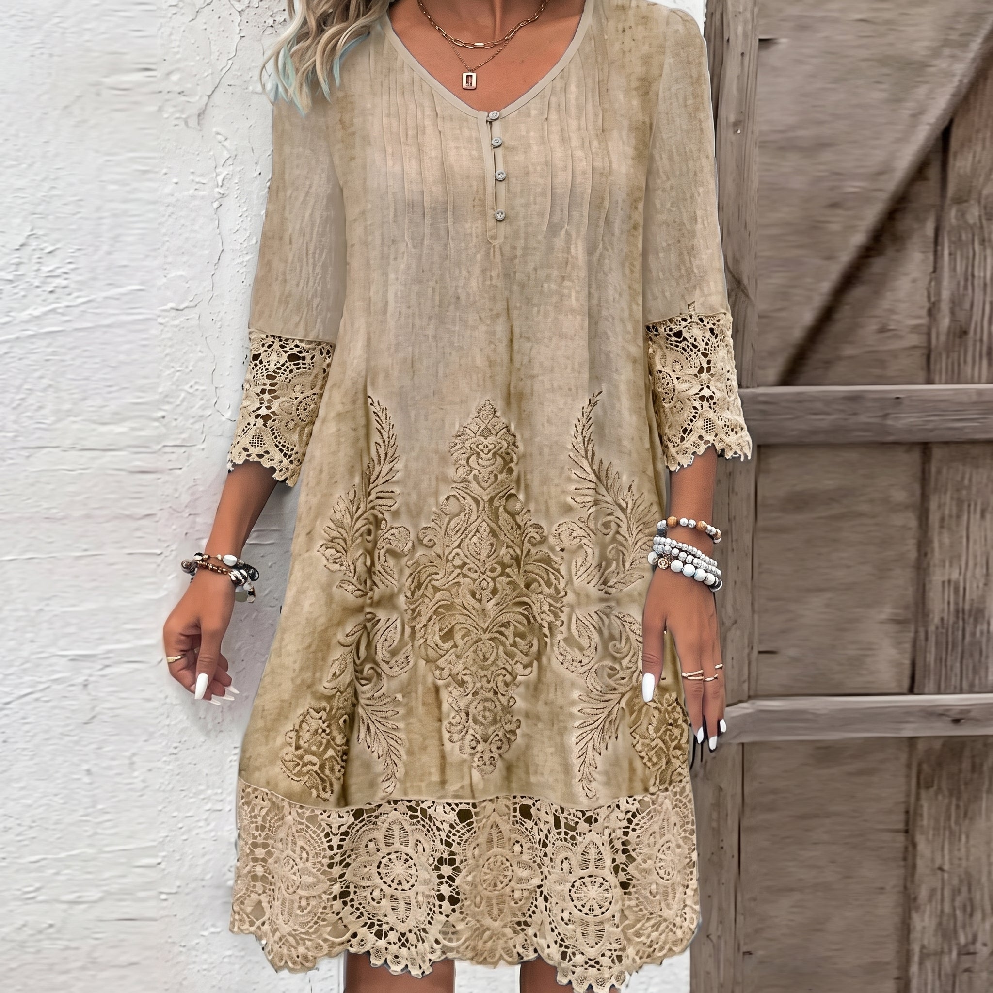 Isla | Women's Bohemian Floral Lace-Trim 3/4 Sleeve Tunic Dress