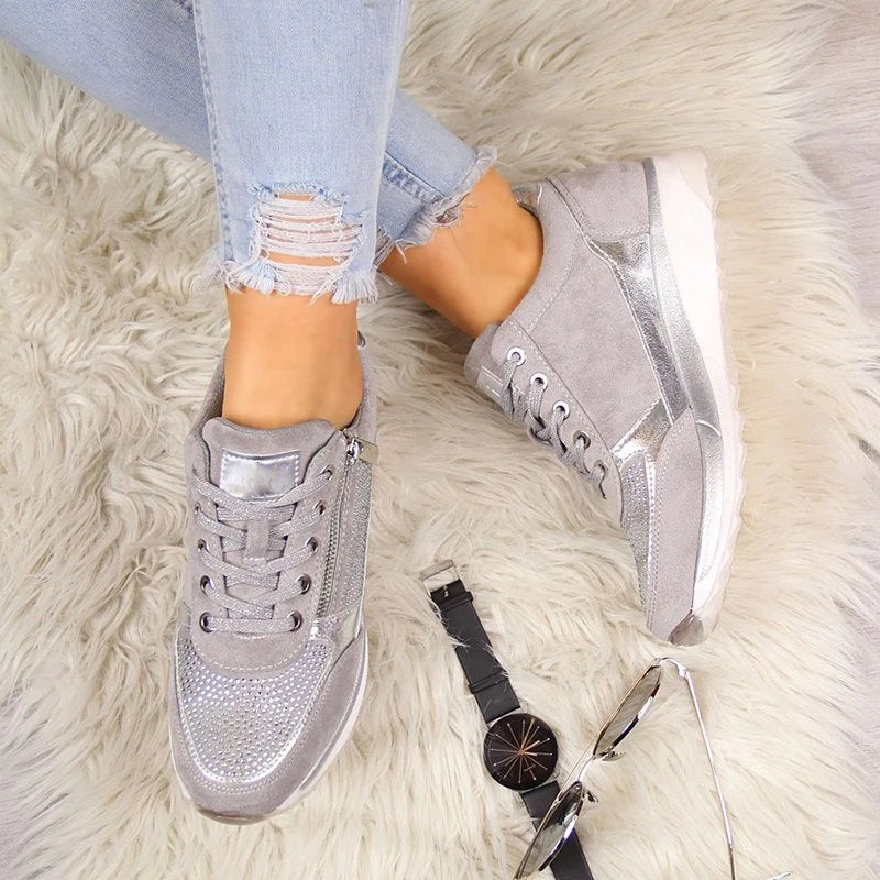 Women’s Rhinestone Zip-Up Platform Sneakers - Lace-Up Trainers