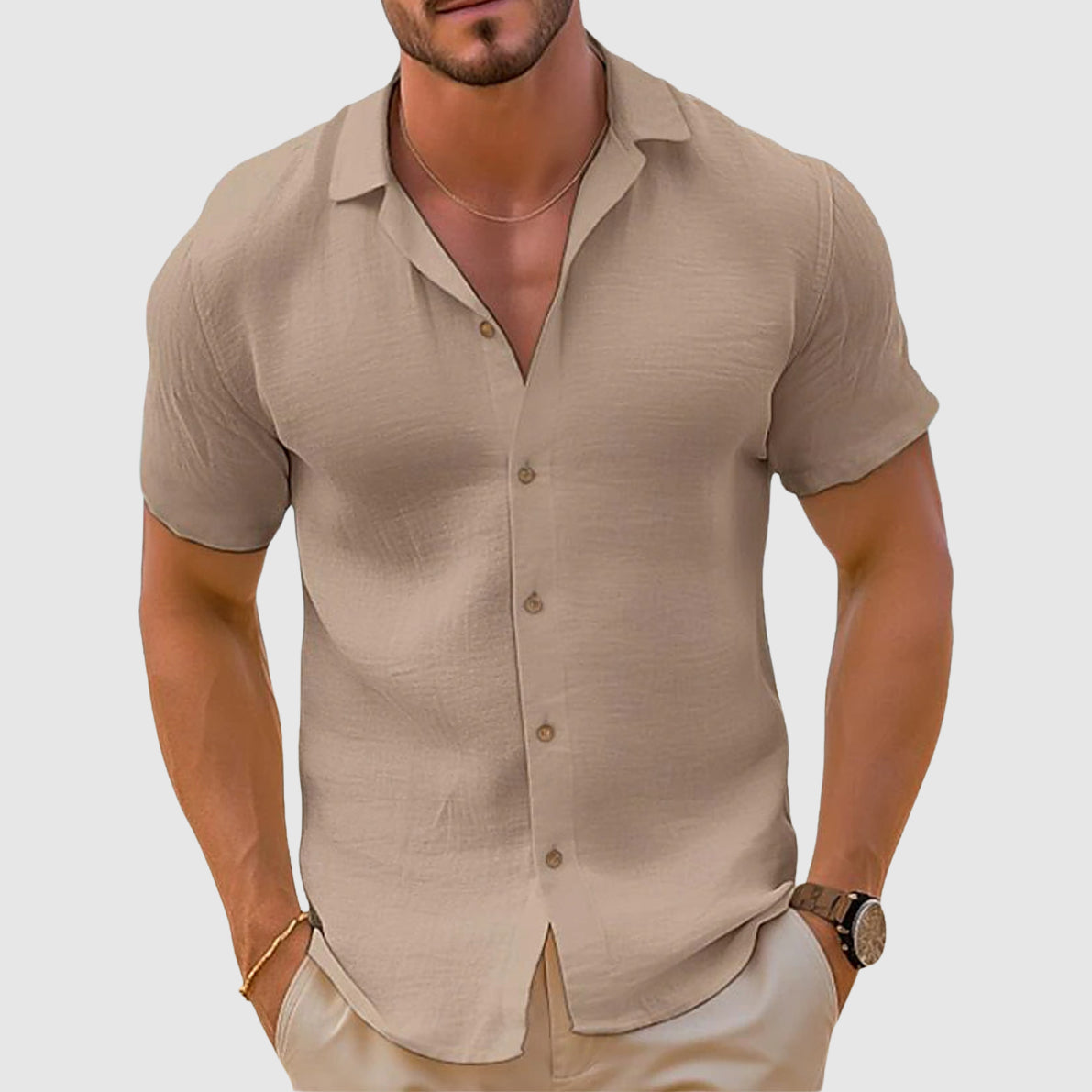 Men’s Spring Linen Short-Sleeve Button-Front Shirt