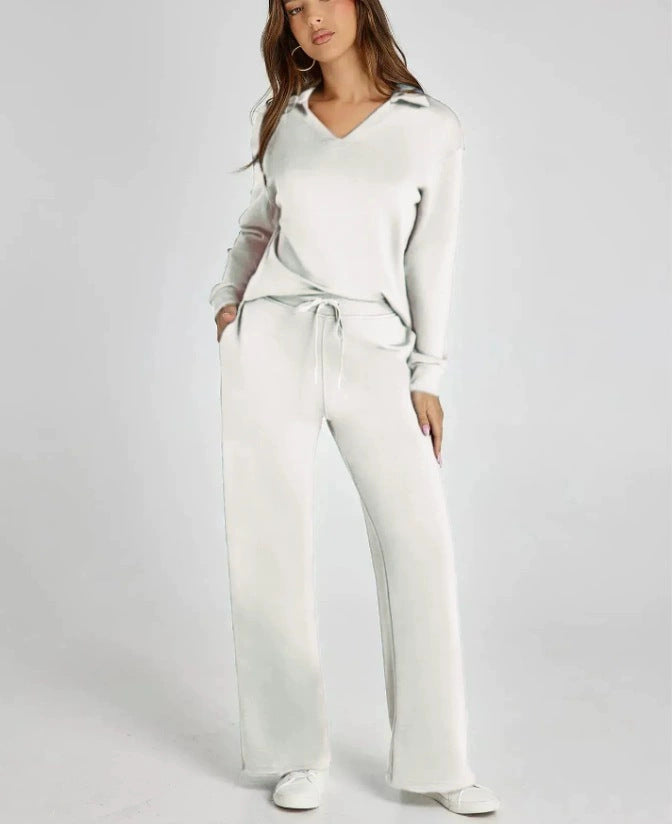 Women’s Lounge Set - Collared V-Neck Sweatshirt Wide Leg Drawstring Trousers