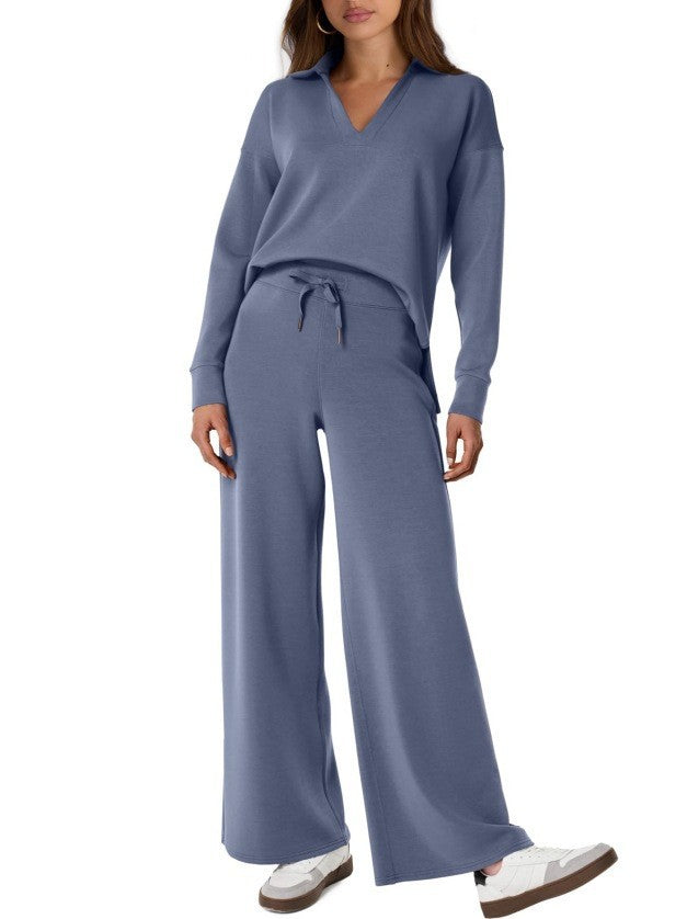 Women’s Lounge Set - Collared V-Neck Sweatshirt Wide Leg Drawstring Trousers