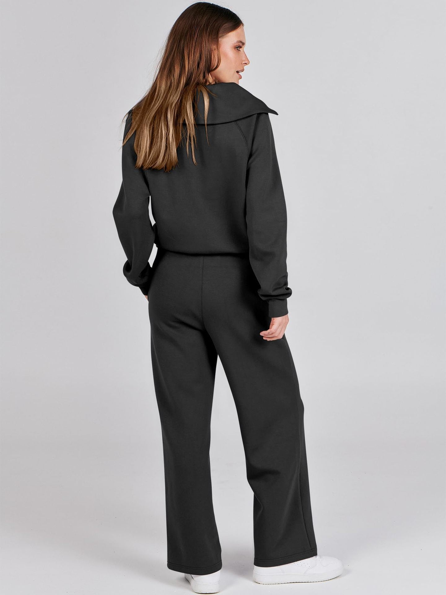 Women’s Lounge Set - Collared V-Neck Sweatshirt Wide Leg Drawstring Trousers