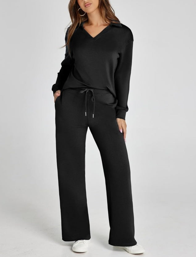 Women’s Lounge Set - Collared V-Neck Sweatshirt Wide Leg Drawstring Trousers