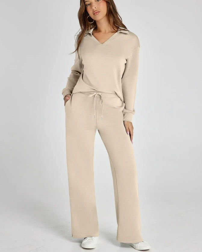 Women’s Lounge Set - Collared V-Neck Sweatshirt Wide Leg Drawstring Trousers