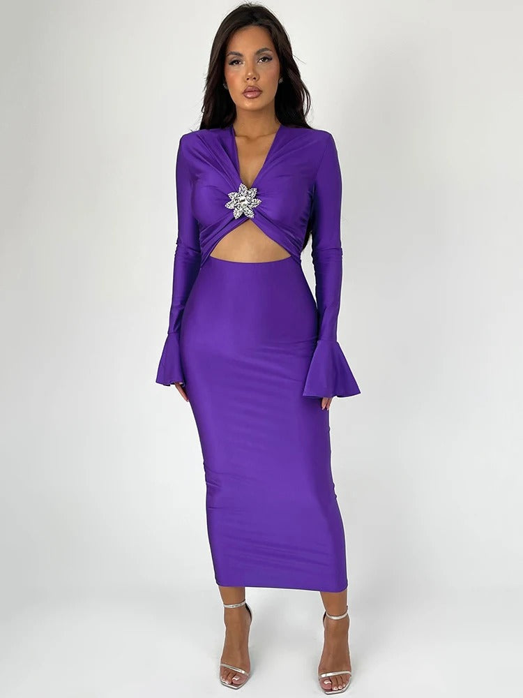 Women’s “Emerald Allure” Cut-Out Crystal Detail Midi Dress