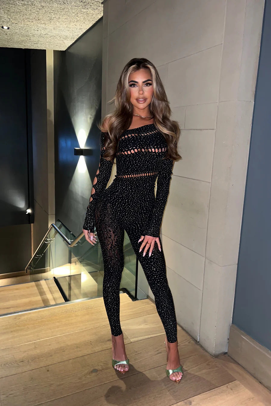 Women’s Off-Shoulder Rhinestone Jumpsuit - Long Sleeve Clubwear