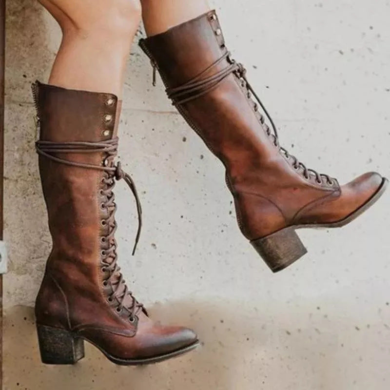 Women’s Verona Vintage Lace-Up Knee-High Boots – Block Heel Retro Style