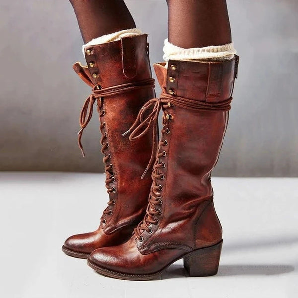 Women’s Verona Vintage Lace-Up Knee-High Boots – Block Heel Retro Style