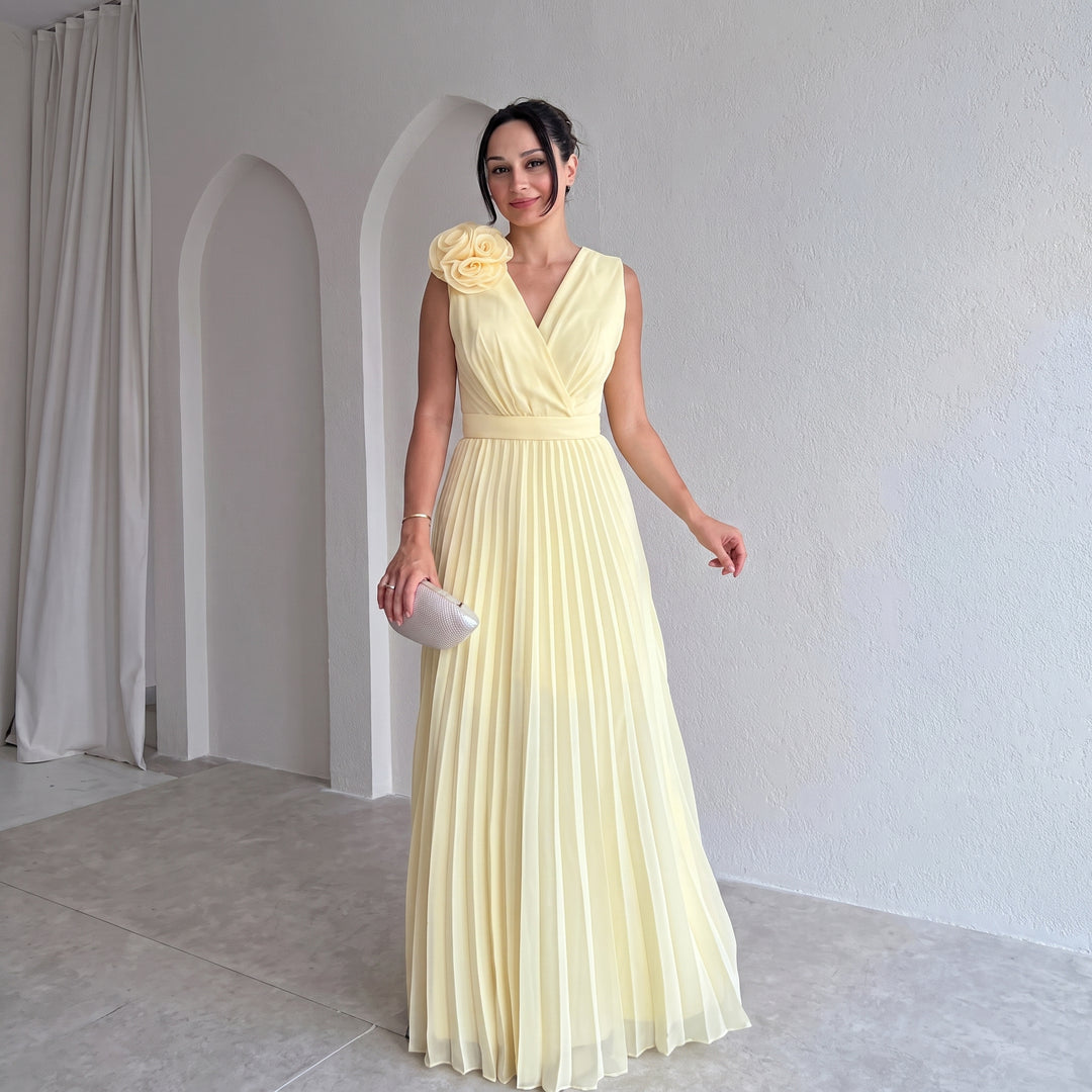 Ella | Women's Sleeveless Pleated Floral-Appliqué Maxi Evening Gown