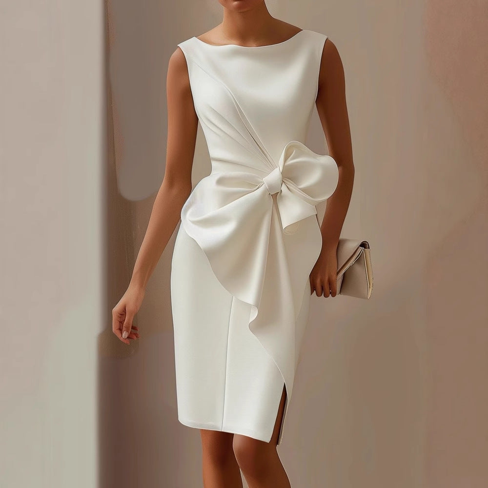Women’s Sleeveless Bow Detail Cocktail Dress - Elegant Knee-Length Sheath Dress