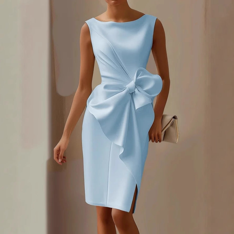 Women’s Sleeveless Bow Detail Cocktail Dress - Elegant Knee-Length Sheath Dress