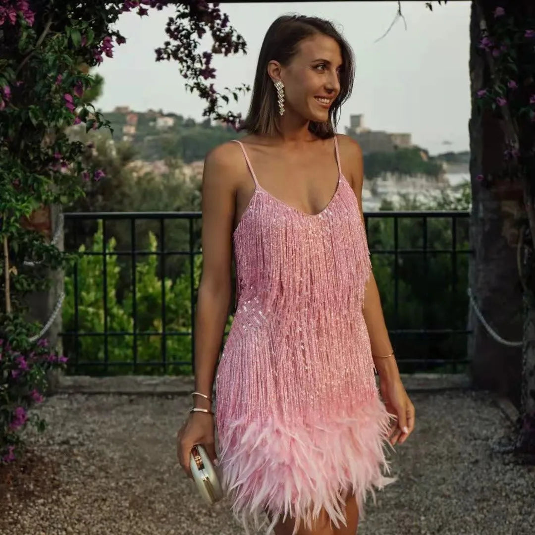 Faith Women’s Cocktail Dress With Fringe Feathers