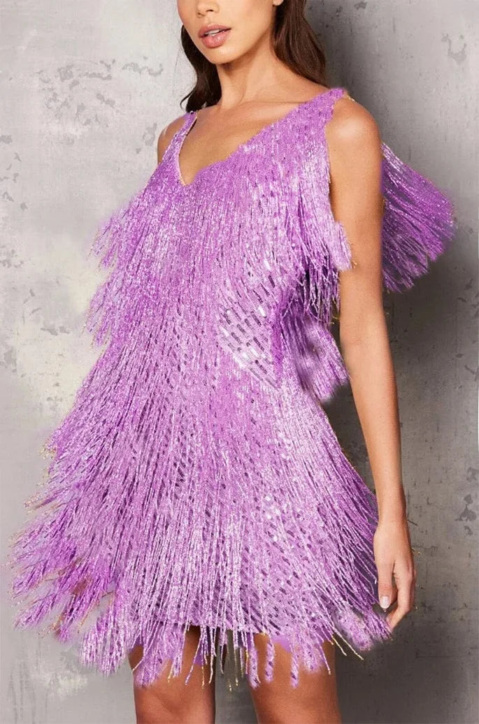 Women’s Fringe Mini Dress - V-Neck Tassel Cocktail Party Dress