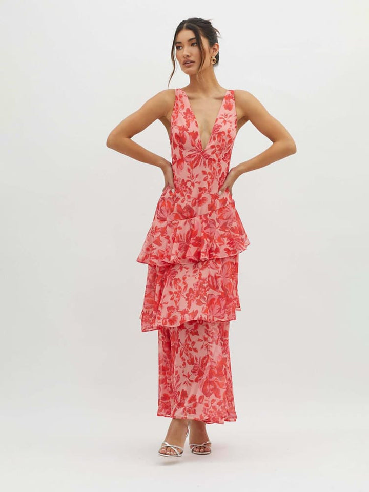 Veda - Strappy Back Ruffle Midi Dress