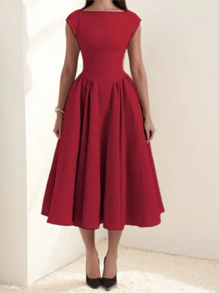 Isla | Women's 1950s-Inspired Satin Full-Skirt Midi Dress Bateau Neck