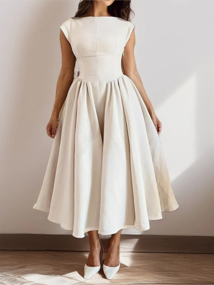 Isla | Women's 1950s-Inspired Satin Full-Skirt Midi Dress Bateau Neck