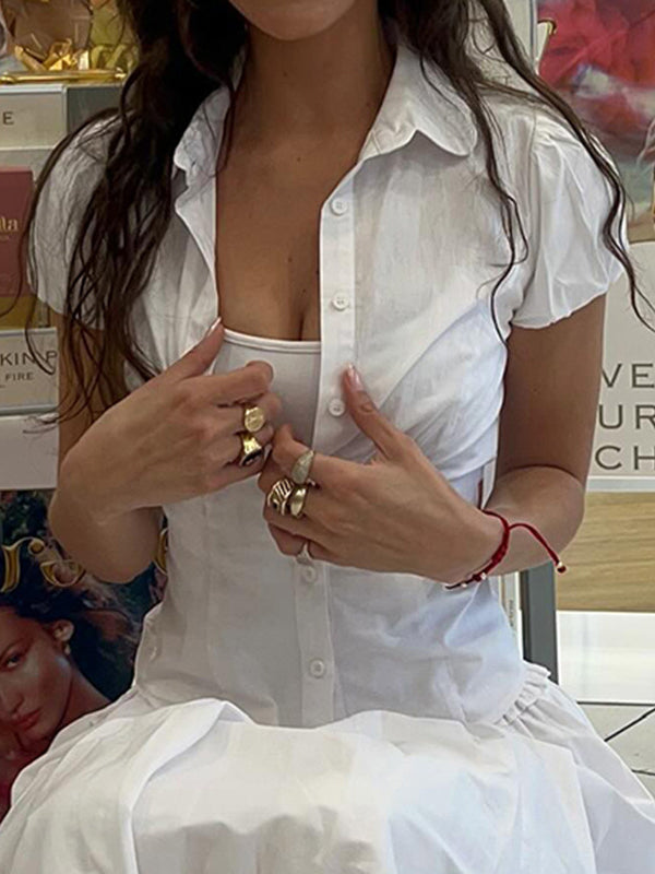 White Vintage V-Neck Short-Sleeve Slim-Waist Shirt