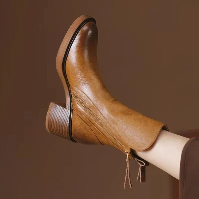 Women’s Block Heel Ankle Boots – Side Zipper Short Boots
