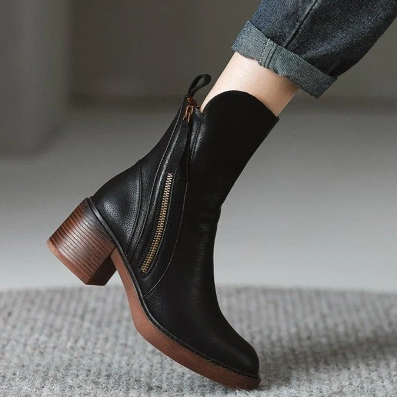Women’s Block Heel Ankle Boots – Side Zipper Short Boots