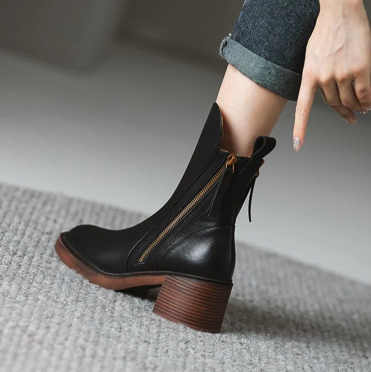 Women’s Block Heel Ankle Boots – Side Zipper Short Boots