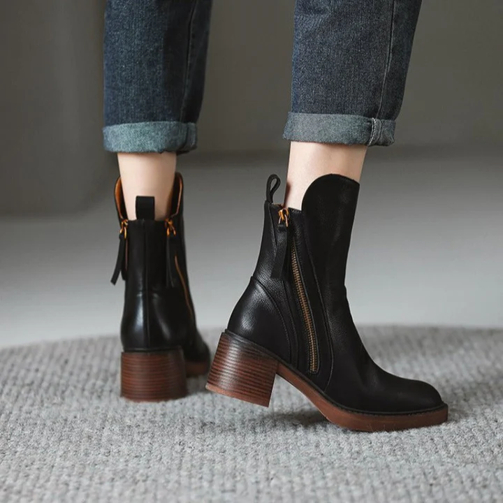 Women’s Block Heel Ankle Boots – Side Zipper Short Boots