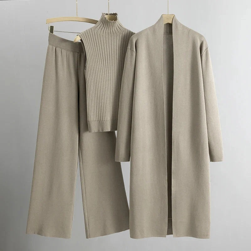 Women’s Three-Piece Lounge Set - Long Cardigan Sleeveless Top Wide-Leg Trousers