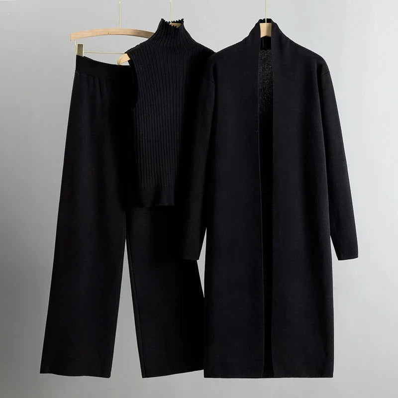 Women’s Three-Piece Lounge Set - Long Cardigan Sleeveless Top Wide-Leg Trousers