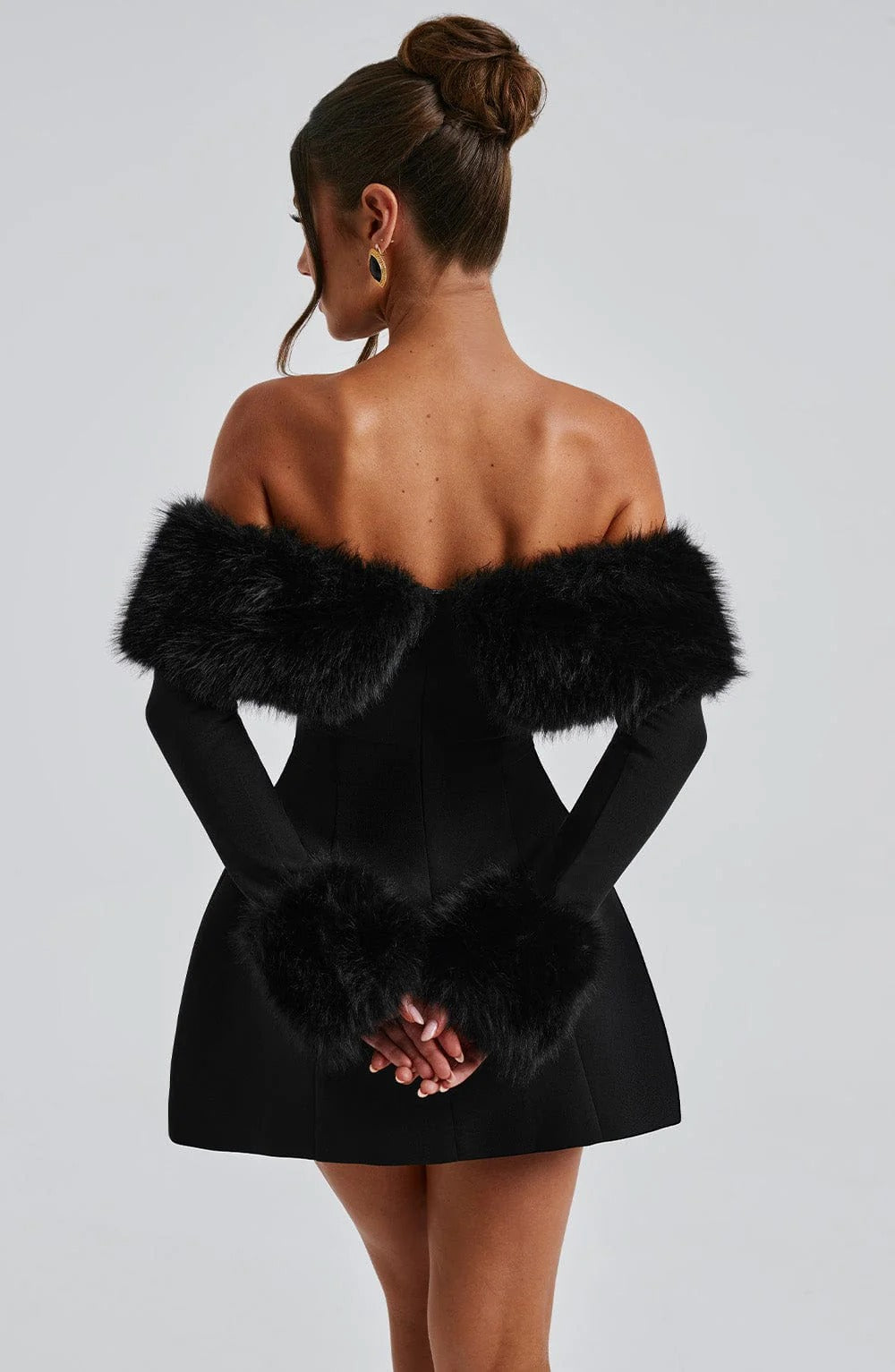 Women’s Mini Dress with Faux Fur Trim - Elegant Off-Shoulder