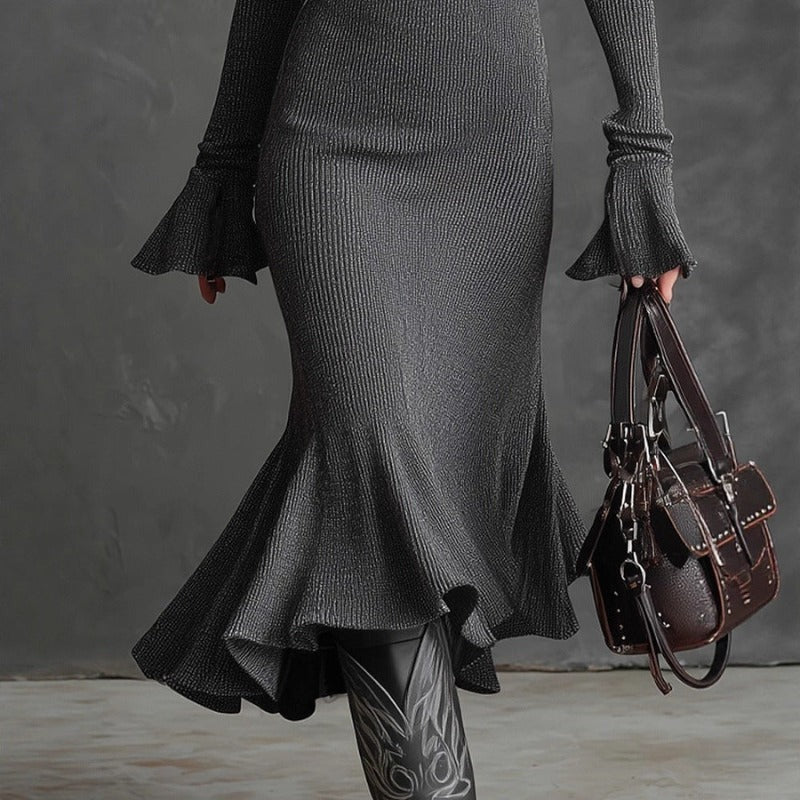 Women’s Kylie Flared Hem Knit Midi Dress - Elegant Zip-Front Bodycon Dress