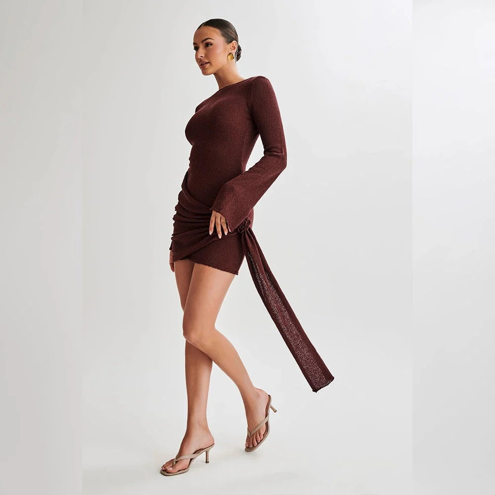 Women’s Long Sleeve Ruched Mini Dress - Elegant Party Outfit