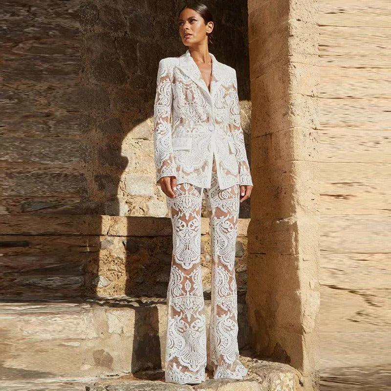 Women’s Lace Sequin Blazer and Pants Set - Elegant Evening Two-Piece Outfit