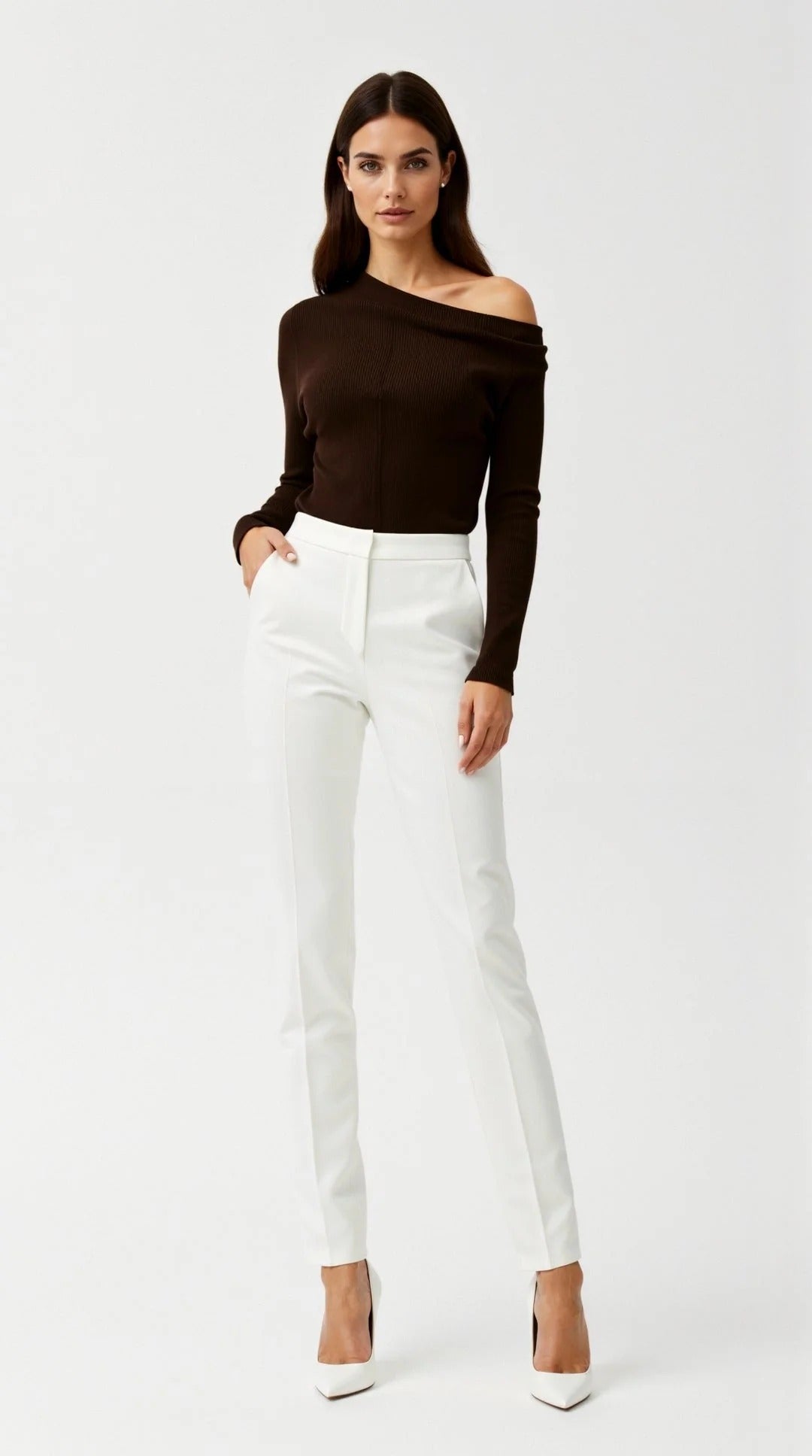 Women’s One-Shoulder Ribbed Knit Top - Asymmetric Long Sleeve