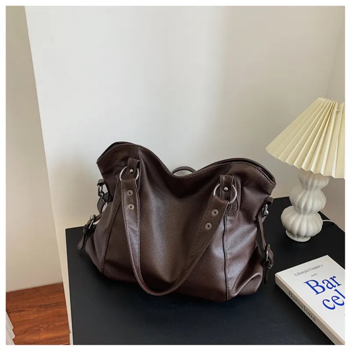 Large Black Faux Leather Studded Shoulder Tote Bag - Braun