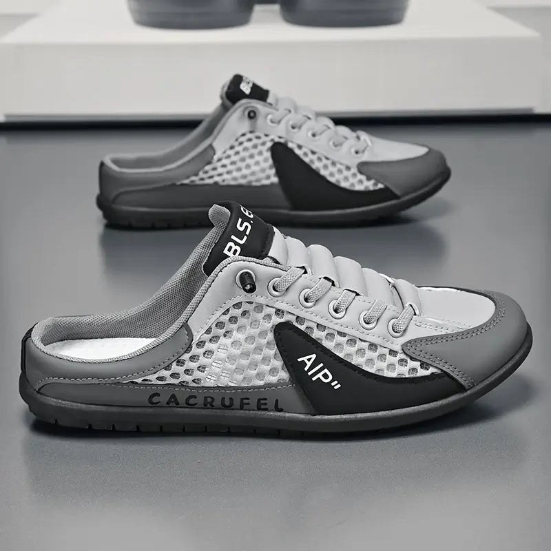 Men's Backless Lace-Up Mule Trainers Half Shoes - Gray