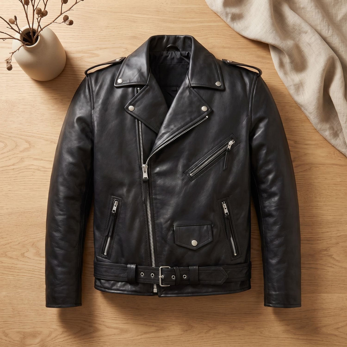Men's Biker-Inspired Zip-Up Leather Winter Jacket