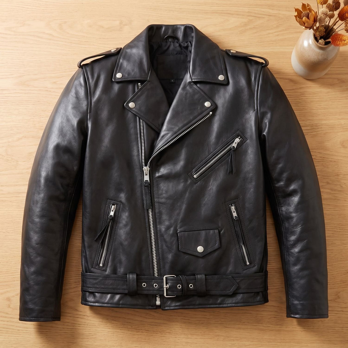 Men's Biker-Inspired Zip-Up Leather Winter Jacket - Black