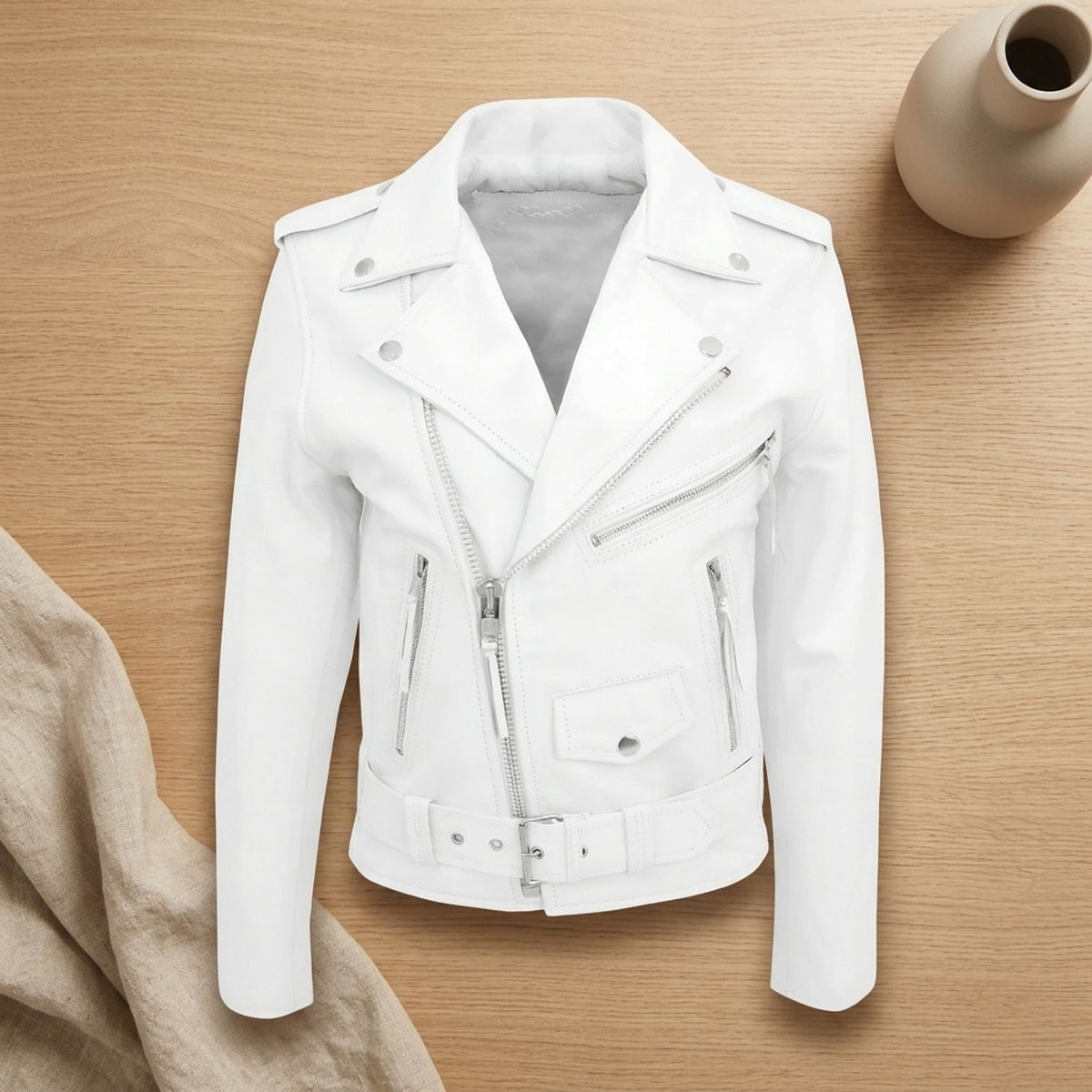 Men's Biker-Inspired Zip-Up Leather Winter Jacket - White