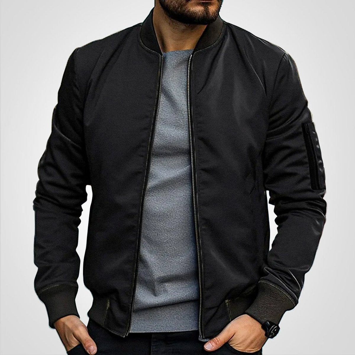 Mens Bomber Jacket Classic Zip-Up Insulated Flight Jacket - Black