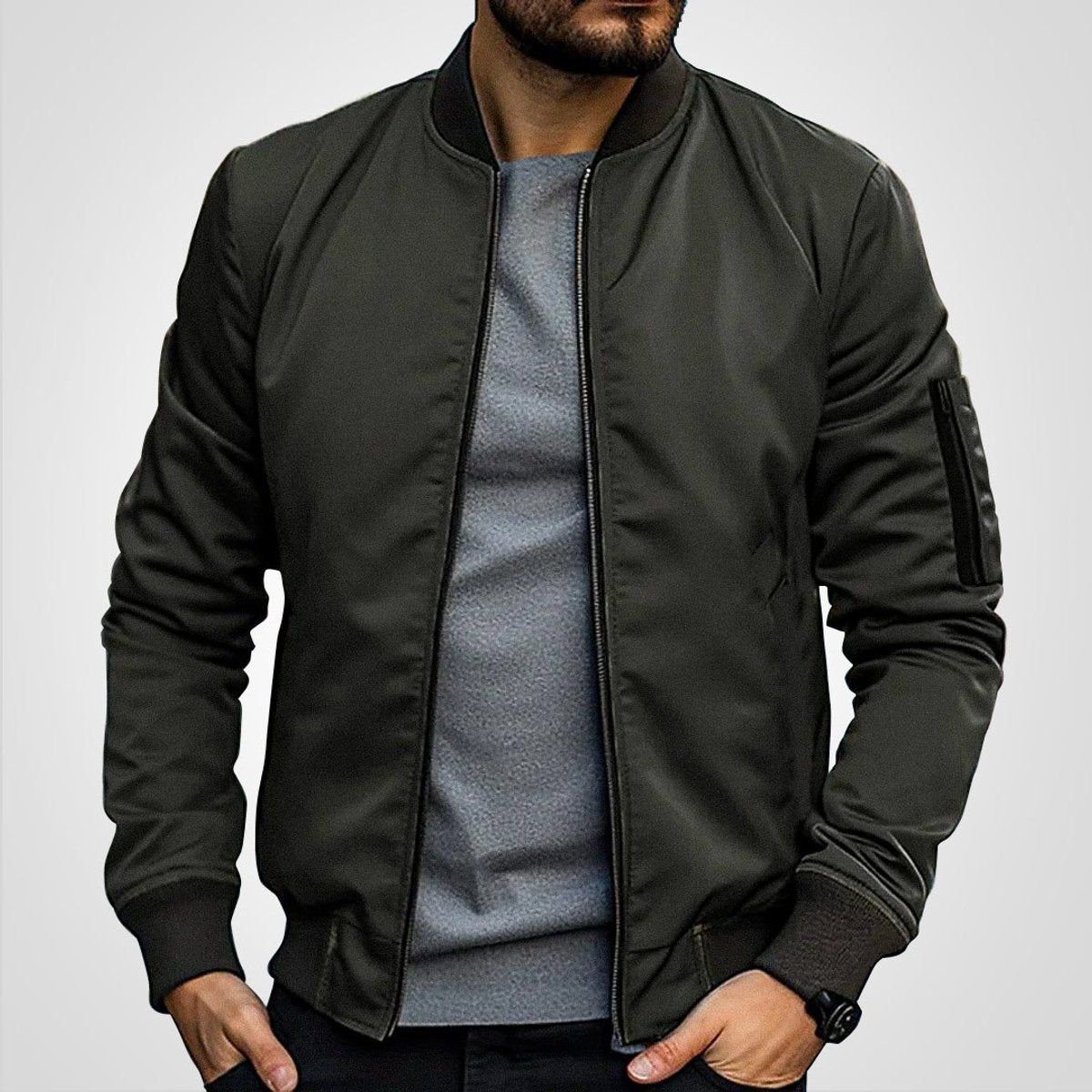 Mens Bomber Jacket Classic Zip-Up Insulated Flight Jacket - Olive Green