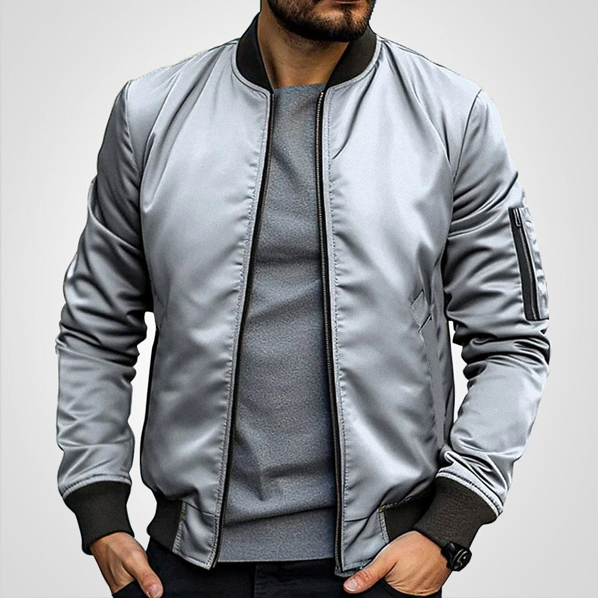 Mens Bomber Jacket Classic Zip-Up Insulated Flight Jacket - Light Grey
