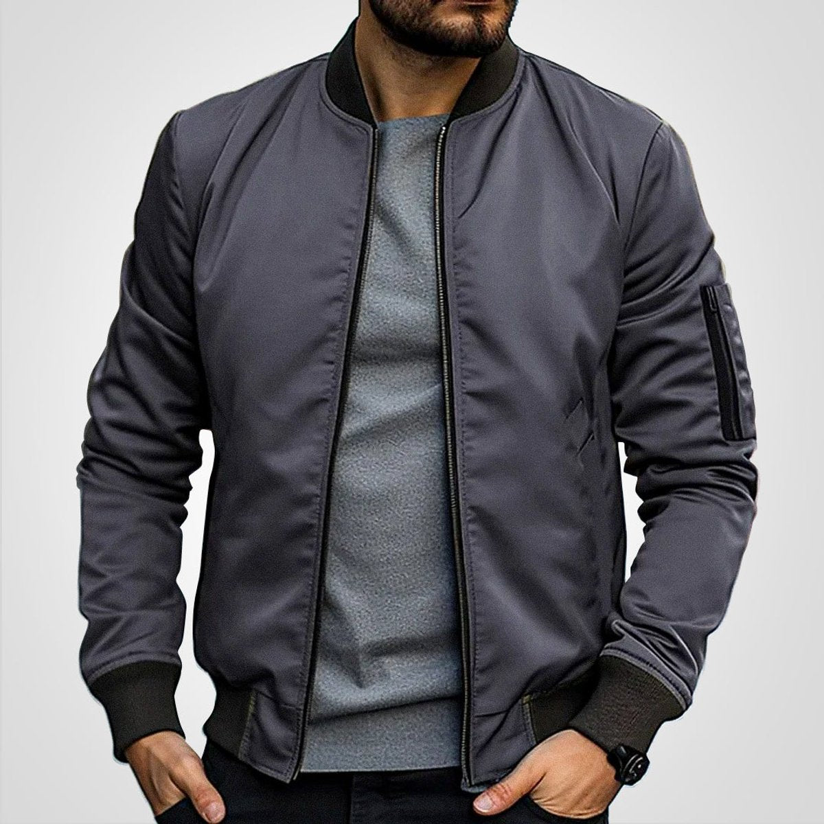 Mens Bomber Jacket Classic Zip-Up Insulated Flight Jacket - Dark Grey