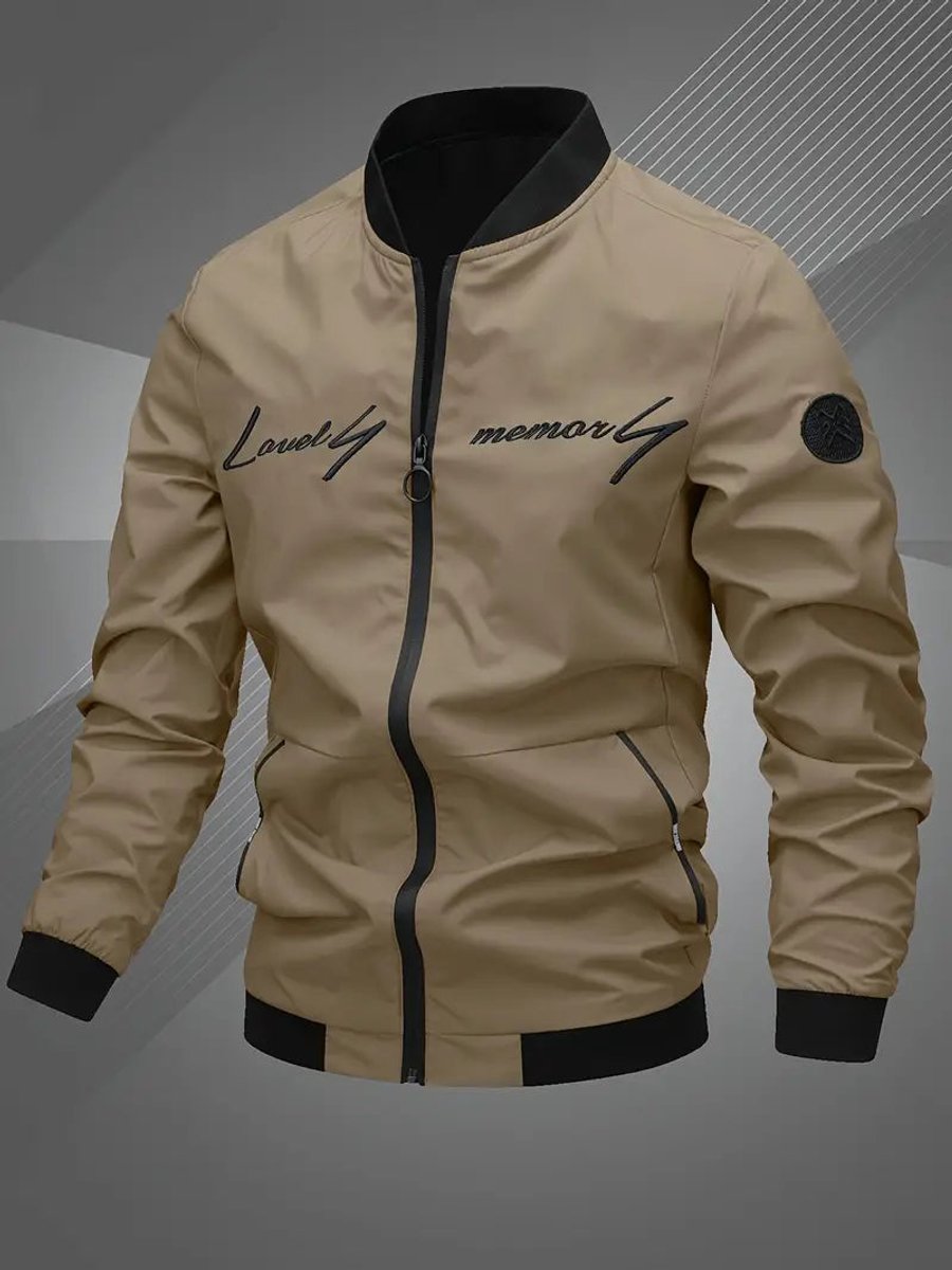 Mens Bomber Jacket Lightweight Zip-Up Baseball Collar Outerwear - Khaki
