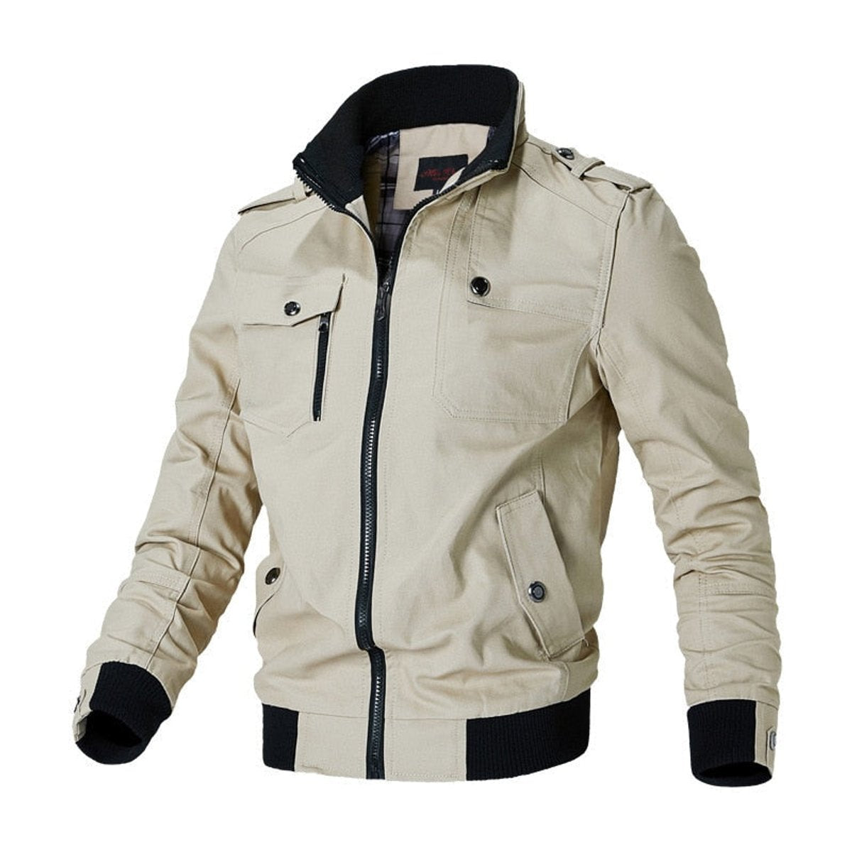 Mens Bomber Jacket Military-Style Zip-Up Utility Outerwear - Khaki