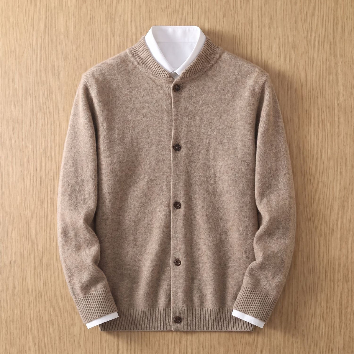 Men's Button-Front Knit Cardigan Round-Neck Long-Sleeve Jumper - Beige