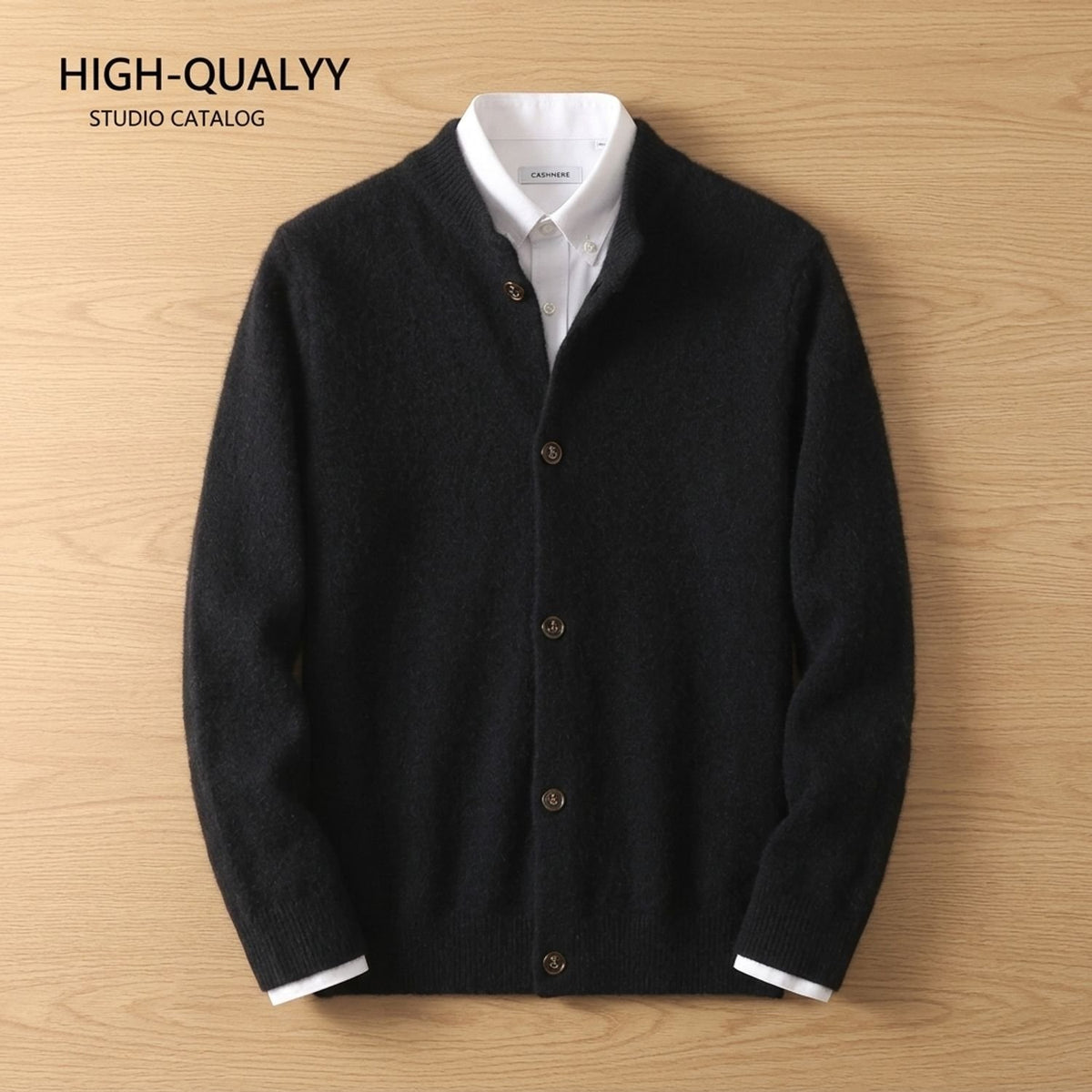 Men's Button-Front Knit Cardigan Round-Neck Long-Sleeve Jumper - Black