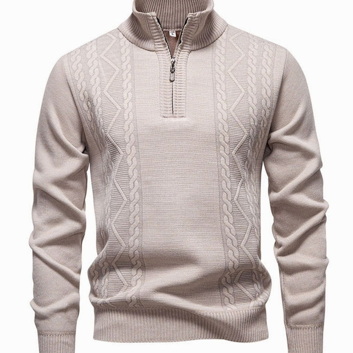 Men's Cable-Knit Quarter-Zip Stand Collar Jumper - Beige