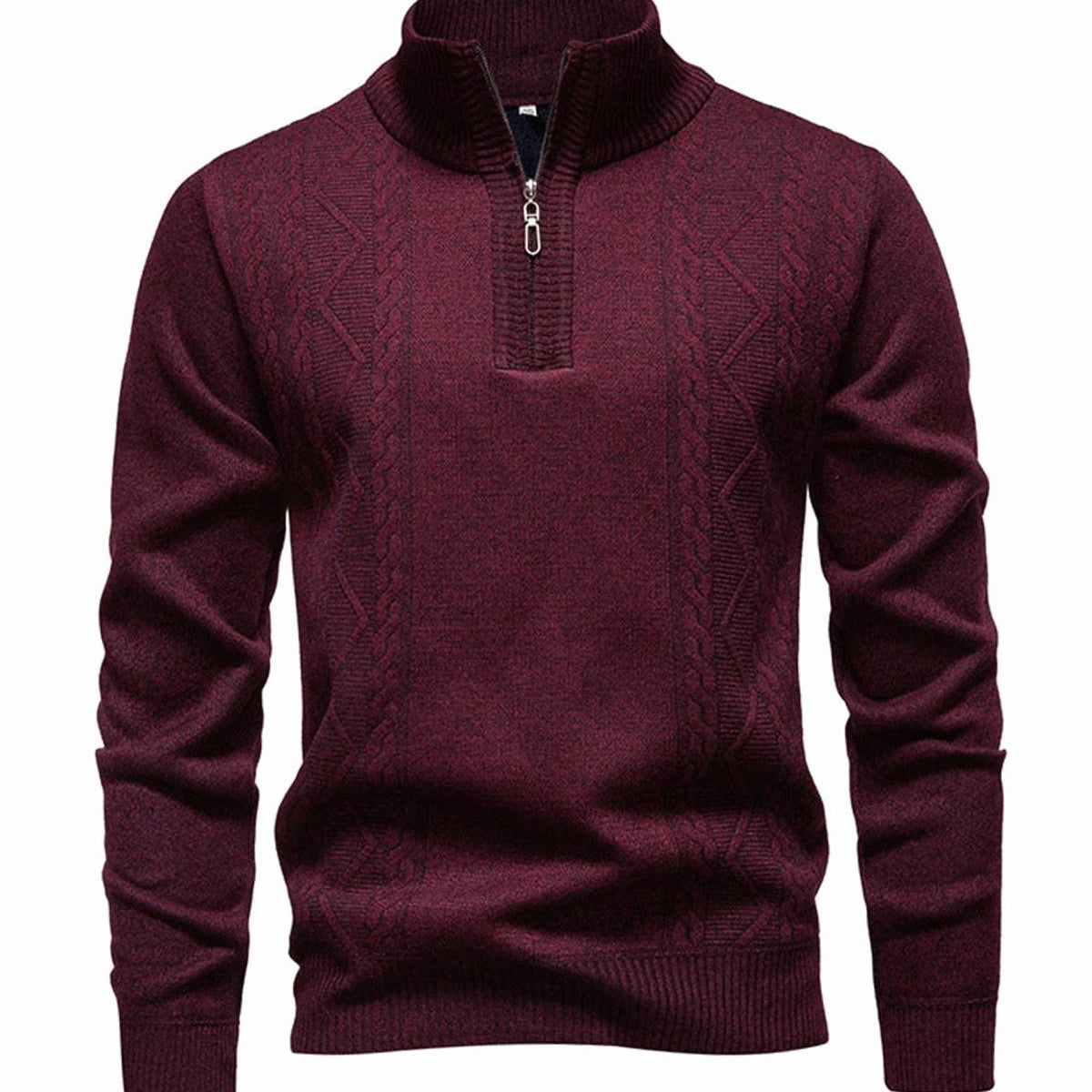 Men's Cable-Knit Quarter-Zip Stand Collar Jumper - Burgundy
