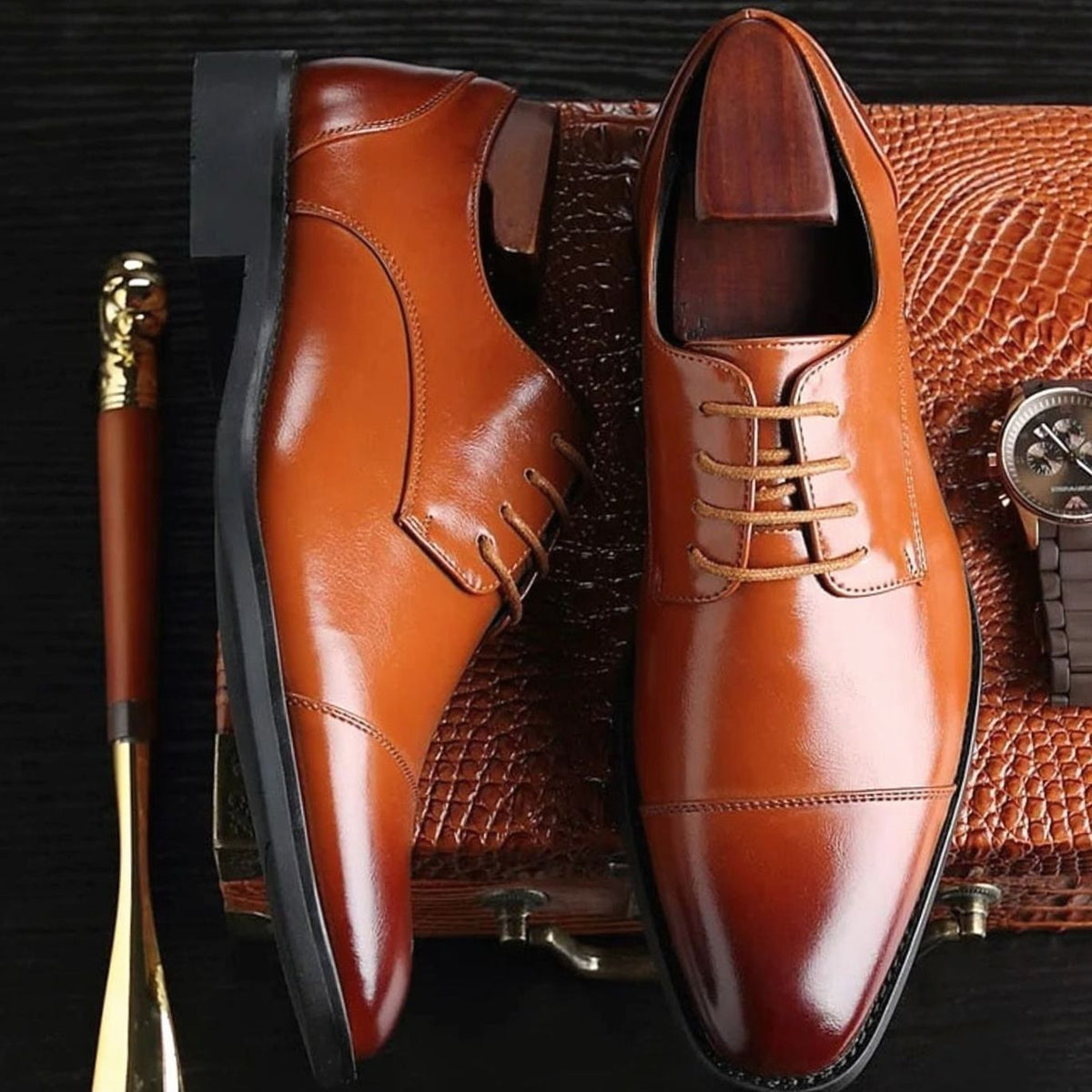 Men's Cap-Toe Lace-Up Leather Oxford Dress Shoes